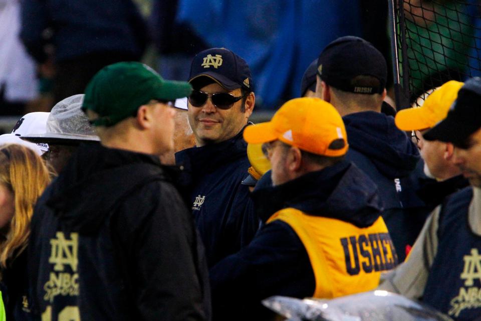 Actor Vince Vaughn watches the action from the sidelines during the Notre Dame-Stanford game Oct. 13, 2012, at Notre Dame. Vaughn was a co-star in the classic sports movie "Rudy" about a Notre Dame walk-on football player.
