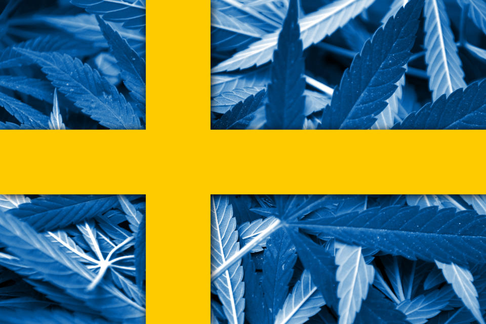 Sweden flag with cannabis background