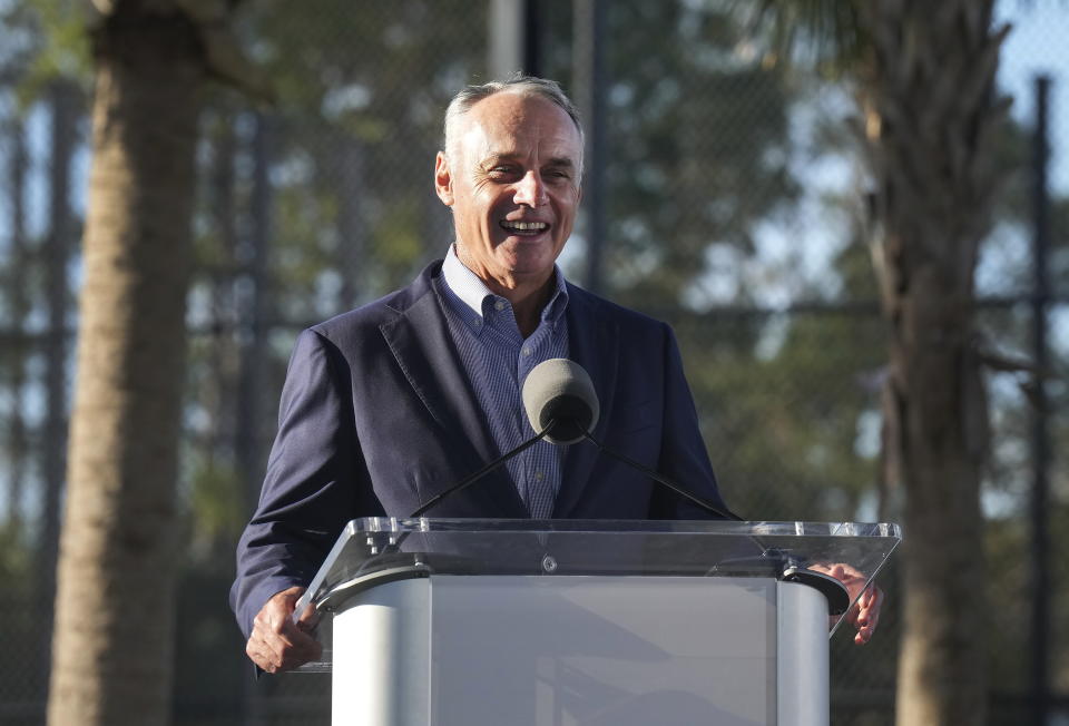 MLB Commissioner Rob Manfred speaks to the media and answers questions during baseball spring training in Dunedin, Fla., Thursday, Feb. 16, 2023. (Nathan Denette/The Canadian Press via AP)