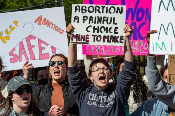 PHOTO: Pro-choice demonstrators rally outside the State House during a Pro-Choice Mother's Day Rally in Boston, May 8, 2022.  (Joseph Prezioso/AFP via Getty Images)