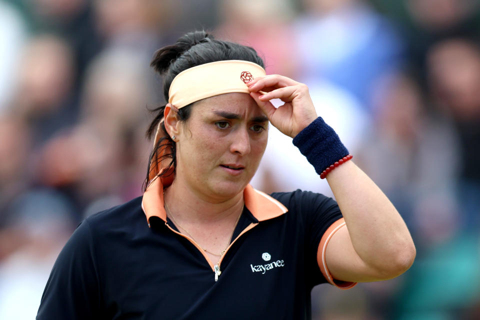 NOTTINGHAM, ENGLAND - JUNE 15: Ons Jabeur of Tunisia reacts against Karolina Pliskova of Czechia during the Women's Singles Quarter Final match on Day Six of the Rothesay Open Nottingham at Lexus Nottingham Tennis Centre on June 15, 2024 in Nottingham, England.  (Photo by Nathan Stirk/Getty Images for LTA)