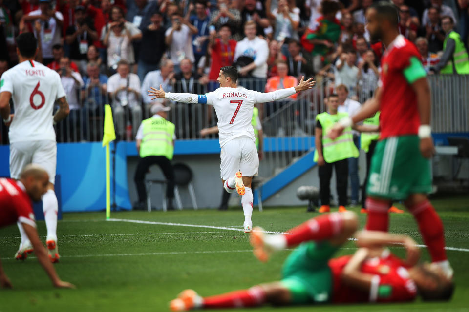  Celebration time: Ronaldo's decisive strike against Morocco on Wednesday was his fourth of the tournament. (Getty)