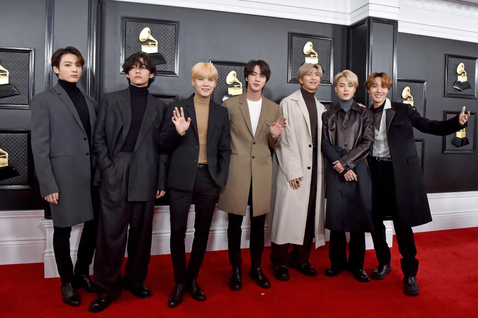 LOS ANGELES, CALIFORNIA - JANUARY 26: (L-R)  Jungkook, V, Suga, Jin,  RM,  Jimin and J-Hope of music group BTS attend the 62nd Annual GRAMMY Awards at Staples Center on January 26, 2020 in Los Angeles, California. (Photo by Axelle/Bauer-Griffin/FilmMagic)