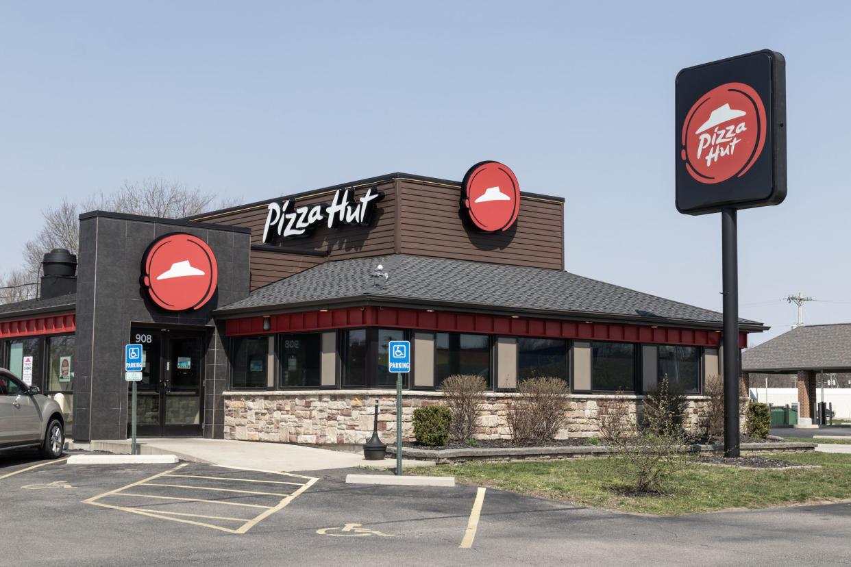 Peru - Circa April 2023: Pizza Hut restaurant. Pizza Hut is offering delivery, Carry Out and Curbside Pickup pizza and drinks.