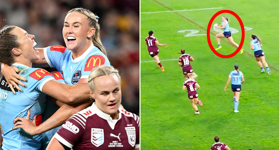 Jaime Chapman is being hailed around the rugby league world after her incredible Women's State of Origin try for the Blues. Pic: Getty/Nine
