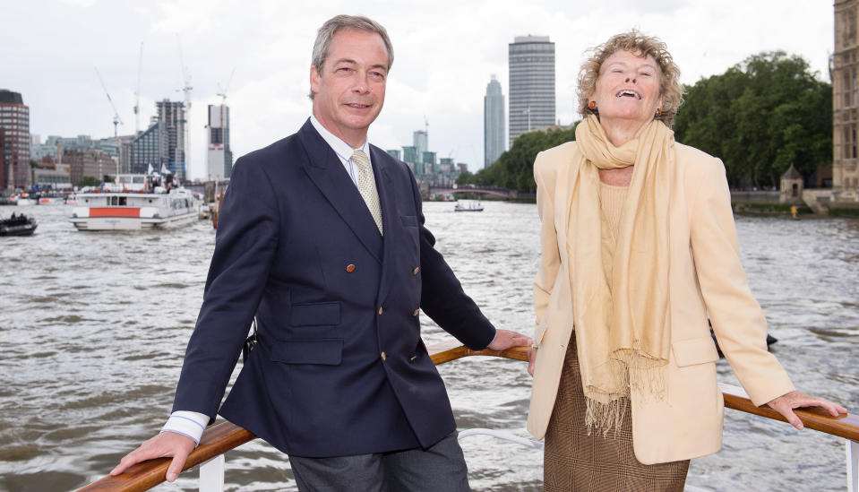 LONDON, ENGLAND - JUNE 15:  Nigel Farage, leader of the UK Independence Party, and Kate Hoey show their support for the 'Leave' campaign for the upcoming EU Referendum aboard a boat on the River Thames on June 15, 2016 in London, England.  Nigel Farage, leader of UKIP, is campaigning for the United Kingdom to leave the European Union in a referendum being held on June 23, 2016.  (Photo by Jeff Spicer/Getty Images)