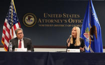 U.S. Attorney General William Barr and Ivanka Trump meet with federal officials for a panel discussion on combatting human trafficking at the U.S. Attorney's Office on Monday, Sept. 21, 2020, in Atlanta. (AP Photo/Brynn Anderson)