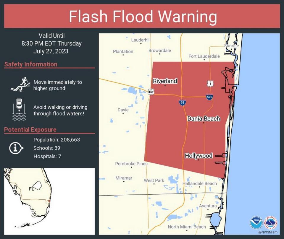 A flash flood warning was issued for parts of Broward County as heavy thunderstorms persist in South Florida. NWS
