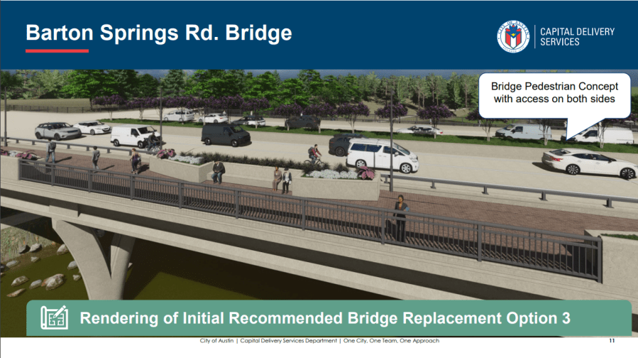 Under the three-span structure replacement, the reconstructed bridge will widen the deck and include bicycle and pedestrian facilities, city documents said. (Courtesy: City of Austin Capital Delivery Services)