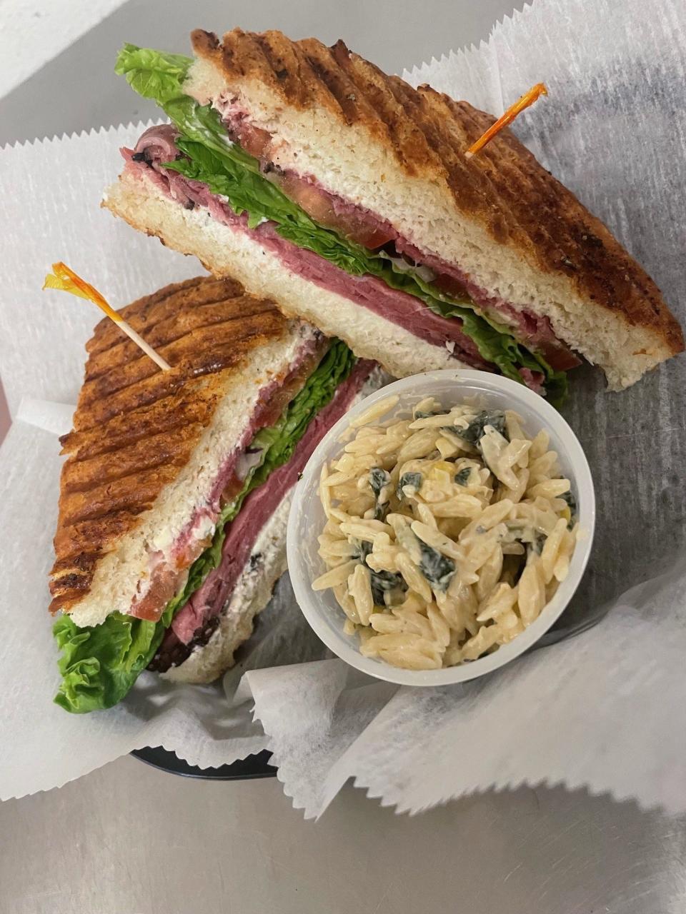 The Chef and The Baker offer a Beef and Blue sandwich, which includes a blue cheese horseradish sauce, lettuce, onions, tomatoes and roast beef.
