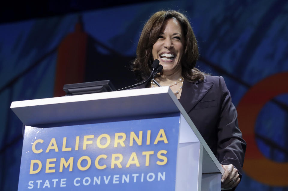 FILE - In this June 1, 2019, file photo, Democratic presidential candidate Sen. Kamala Harris, D-Calif., speaks during the 2019 California Democratic Party State Organizing Convention in San Francisco. Bernie Sanders is promising to win the California presidential primary next year, but home-state Harris is preparing to defend her turf. (AP Photo/Jeff Chiu, File)