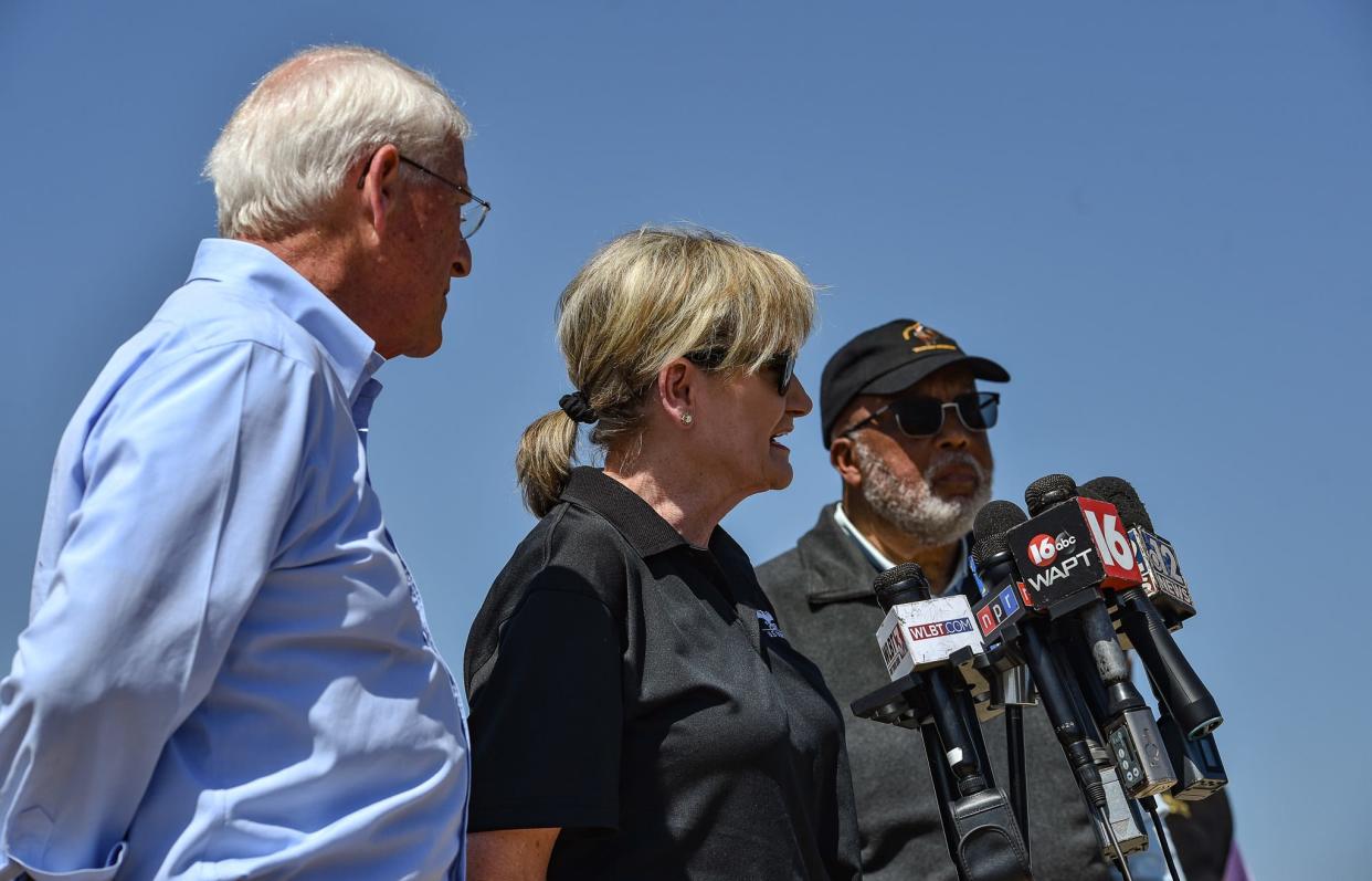 Senator Cindy Hyde Smith (center) speaks alongside Sen. Roger Wicker (left), and U.S. Rep. Bennie Thompson (right) to address the media following Friday's deadly tornado in Rolling Fork last Sunday.