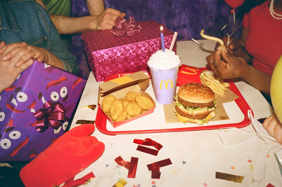 The Grimace Birthday Meal, complete with Grimace Shake. (Courtesy McDonald's)