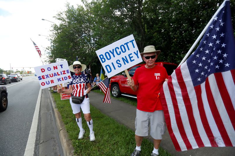 FILE PHOTO: Supporters of Florida's Republican-backed "Don't Say Gay" bill gather outside Walt Disney World