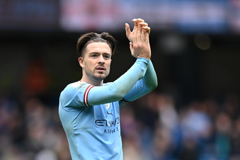 MANCHESTER, ENGLAND - APRIL 01: Jack Grealish of Manchester City applauds the fans after the team's victory during the Premier League match between Manchester City and Liverpool FC at Etihad Stadium on April 01, 2023 in Manchester, England. (Photo by Michael Regan/Getty Images)