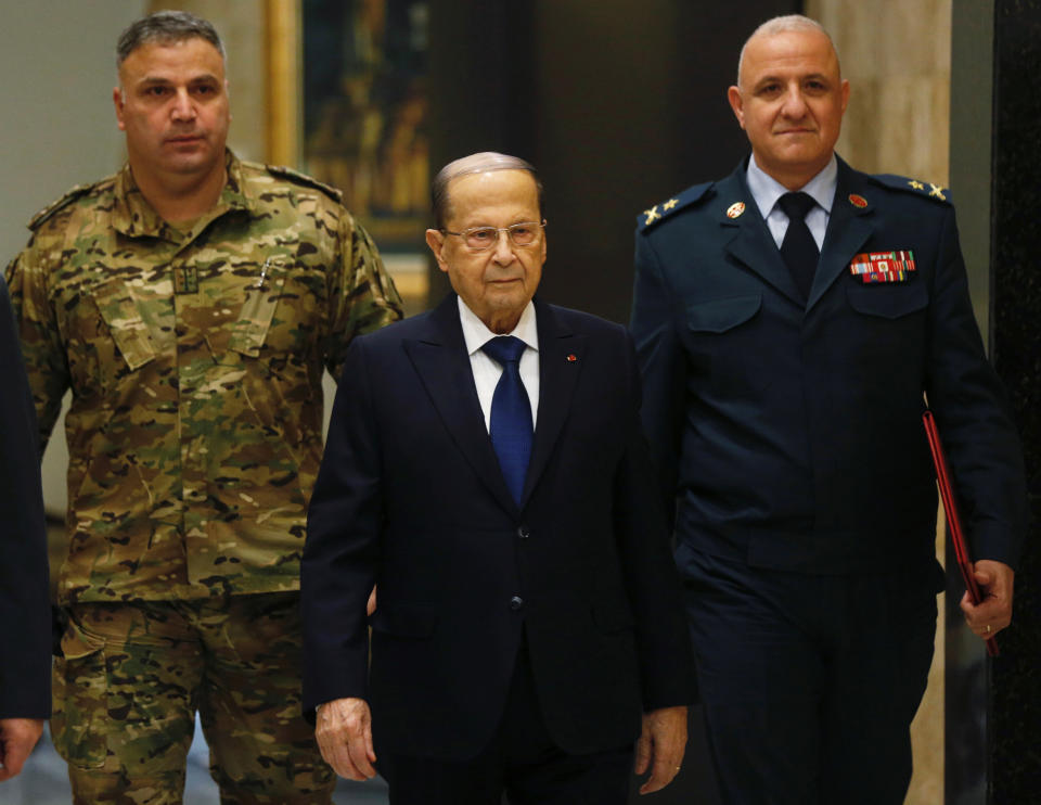 Lebanon's President Michel Aoun arrives to attend the cabinet meeting at the presidential palace in Baabda