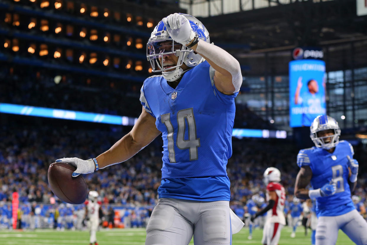 Detroit Lions rookie wide receiver Amon-Ra St. Brown (14) has helped his team be competitive in most games this season. (Photo by Jorge Lemus/NurPhoto via Getty Images)