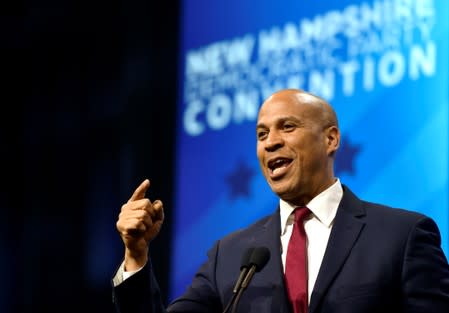 Democratic 2020 U.S. presidential candidate and U.S. Senator Cory Booker (D-NJ) addresses the crowd at the New Hampshire Democratic Party state convention in Manchester