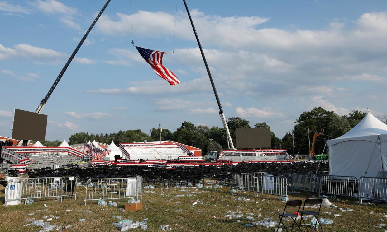 <span>Scene at a campaign rally after for Donald Trump after an attempted assassination of the former president in Butler, Pennsylvania, on Saturday.</span><span>Photograph: Anna Moneymaker/Getty Images</span>