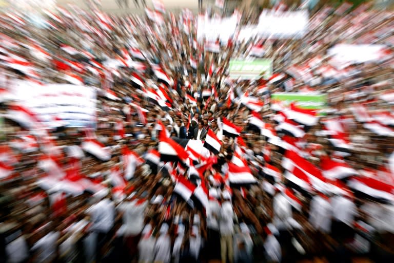 Supporters of the rebel Huthis and ex-president Ali Abdullah Saleh mark two years since the Saudi-led coalition intervened in Yemen, in Sanaa on March 26, 2017