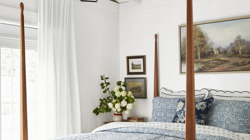 blue and white cottage bedroom