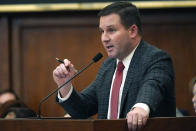 Ways and Means Committee Chairman Trey Lamar, R-Senatobia, answers questions regarding proposed House Bill 1020 that would create a separate district composed of appointed prosecutors and judges for the Capitol Complex Improvement District for a portion of Jackson, Tuesday, Feb. 7, 2023, at the Mississippi Capitol, in Jackson. (AP Photo/Rogelio V. Solis)