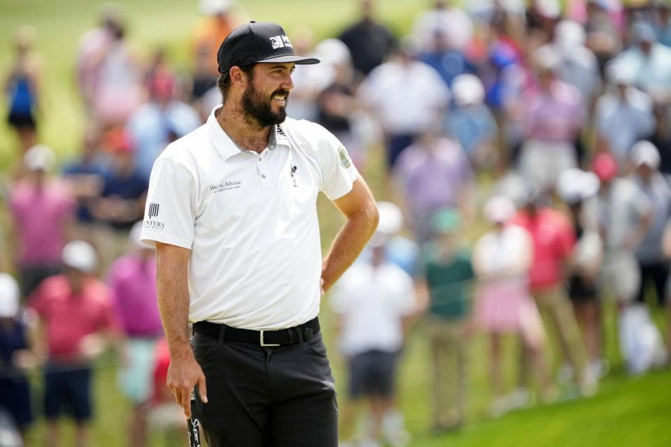 May 18, 2024; Louisville, Kentucky, USA; Mark Hubbard plays a shot from a bunker on the first hole during the third round of the PGA Championship golf tournament at Valhalla Golf Club. Mandatory Credit: Adam Cairns-Imagn Images