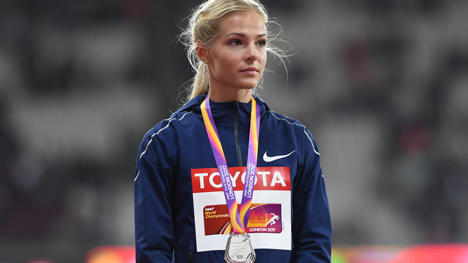 Darya Klishina, pictured here on the podium at the 2017 IAAF World Championships.