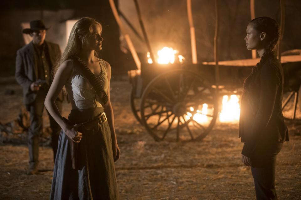 Dolores (Evan Rachel Wood) and Maeve (Thandie Newton) enjoy a ‘Westworld’ reunion (Photo: HBO)