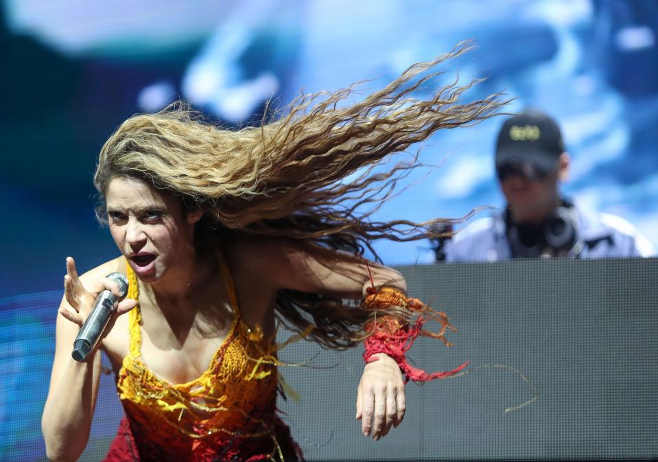 Shakira makes an appearance during BizarrapÕs set in the Sahara tent at the Coachella Valley Music and Arts Festival in Indio, Calif., April 12, 2024.