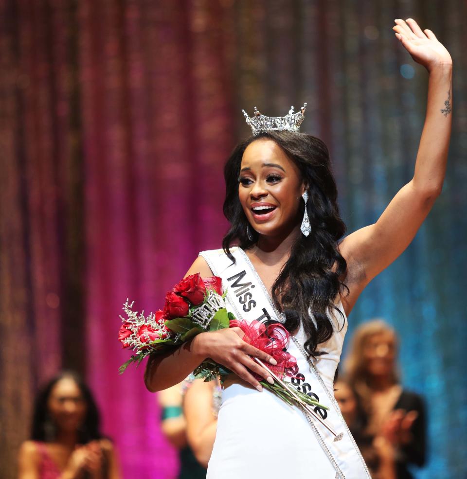 Brandee Mills, Miss Middle Tennessee, is crowned the 2023 Miss Tennessee on July 1, 2023 during the Miss Tennessee Scholarship Competition at the Cannon Center For The Performing Arts in Memphis, Tenn.