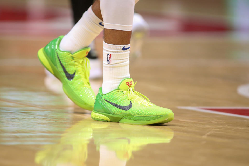 A detailed look at the Nike Kobe 6 Protro 'Grinch.'<p>© Brett Davis-USA TODAY Sports</p>