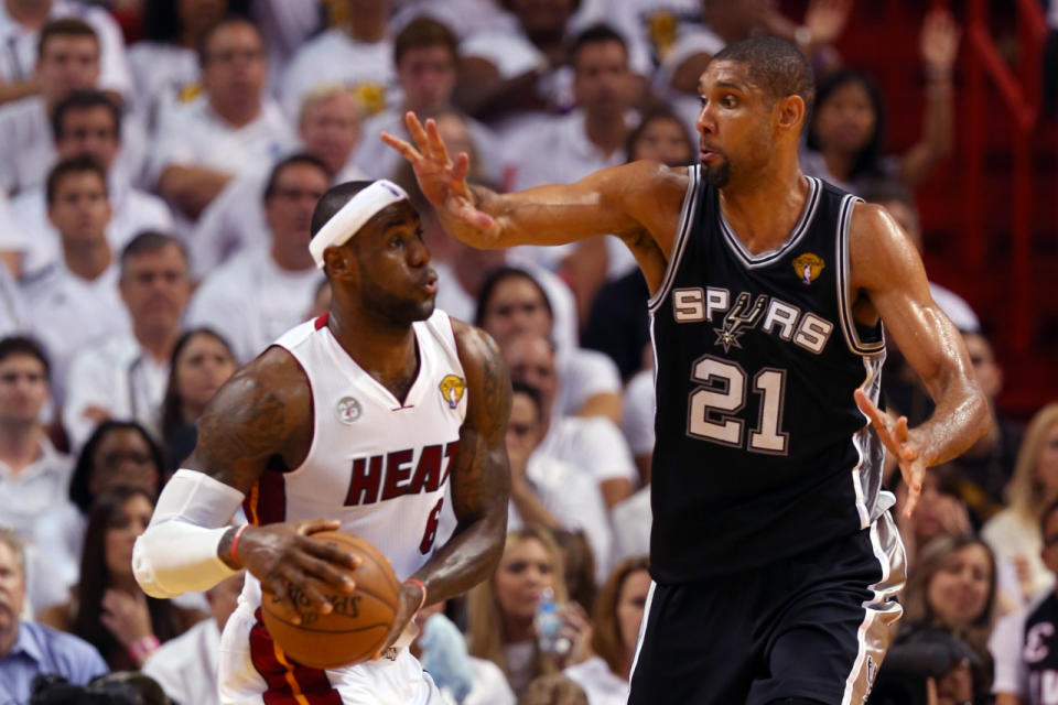 <p>2013: LeBron James #6 of the Miami Heat with the ball against Tim Duncan #21 of the San Antonio Spurs in the second quarter during Game Six of the 2013 NBA Finals at AmericanAirlines Arena on June 18, 2013 in Miami, Florida.<br></p>
