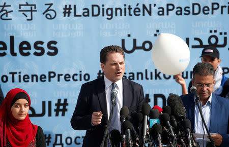 UNRWA Commissioner-General Pierre Krahenbuhl speaks during a news conference at a UN-run school in Gaza City January 22, 2018. REUTERS/Suhaib Salem