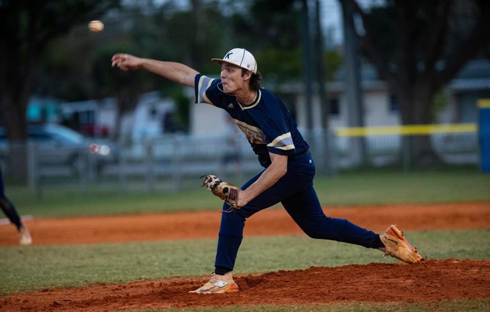 Cole Ingole of the Southwest Florida Christian Academy baseball team pitches against Canterbury at Rutenberg Park in Fort Myers on Tuesday, April 9, 2024. SFCA won 2-1.