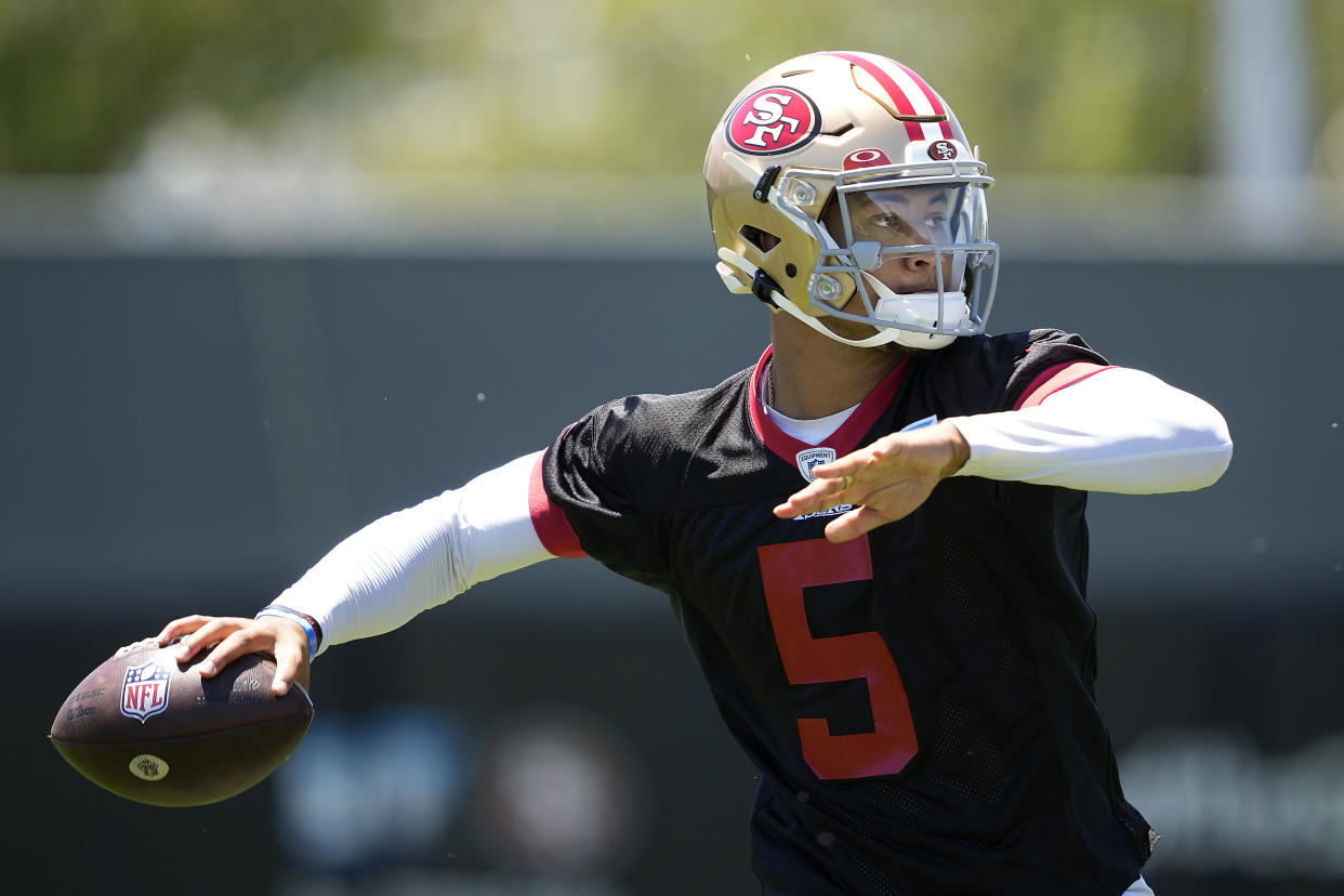 San Francisco 49ers quarterback Trey Lance is one of fantasy football's biggest mysteries going into the 2022 NFL season. (AP Photo/Tony Avelar)