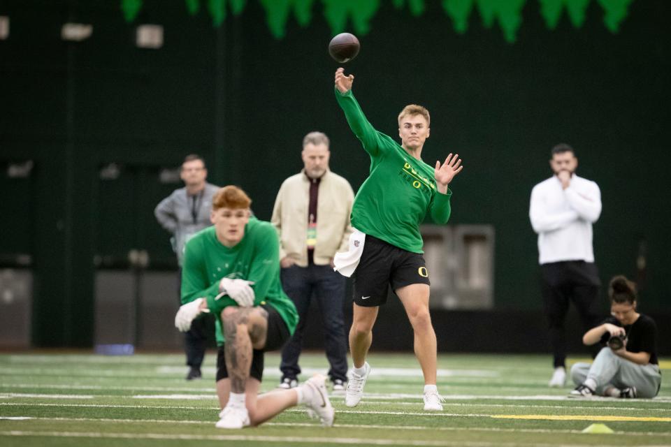 Oregon quarterback Bo Nix throws during Oregon Pro Day Tuesday, March 12, 2024 at the Moshofsky Center in Eugene, Ore.