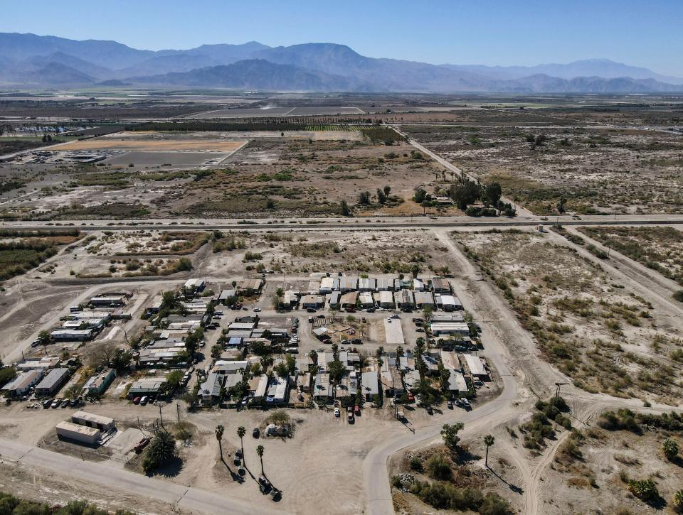 The St. Anthony Mobile Home Park is seen from above in Mecca, Calif., Thursday, March 24, 2022.