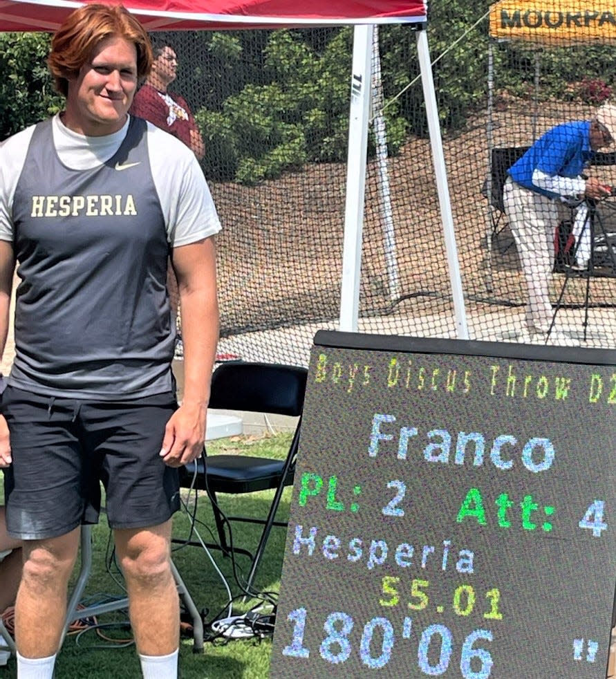 Hesperia's Jordan Franco took second place in the boys discus at the CIF-Southern Section track and field championships at Moorpark High School.