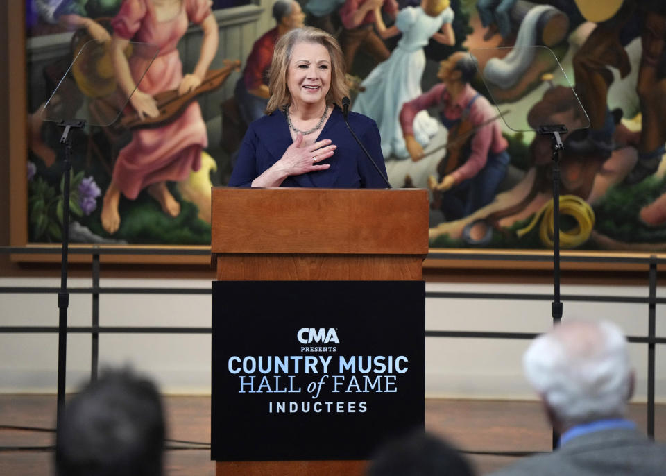 Patty Loveless speaks at a news conference for the Country Music Hall of Fame on Monday, April 3, 2023, in Nashville, Tenn. (Photo by Ed Rode/Invision/AP)