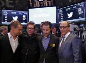 Twitter CEO Dick Costolo (R) celebrates the Twitter IPO with Twitter founders Jack Dorsey (L), Biz Stone (2nd L) and Evan Williams on the floor of the New York Stock Exchange in New York, November 7, 2013. REUTERS/Brendan McDermid