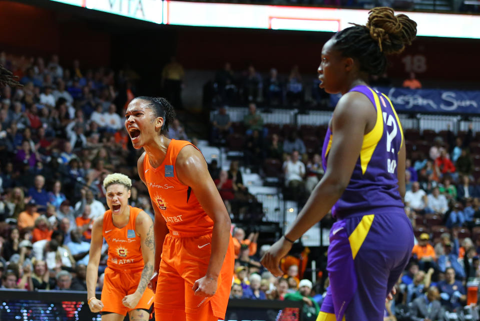 UNCASVILLE, CT - SEPTEMBER 19: Connecticut Sun forward Alyssa Thomas (25) reacts during game 2 of the WNBA semifinal between Los Angeles Sparks and Connecticut Sun on September 19, 2019, at Mohegan Sun Arena in Uncasville, CT. (Photo by M. Anthony Nesmith/Icon Sportswire via Getty Images)