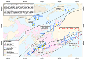 Osino’s Existing Namibian Licence Holdings and new Sandveld cluster (within dotted red line square) superimposed on regional geology and structure.