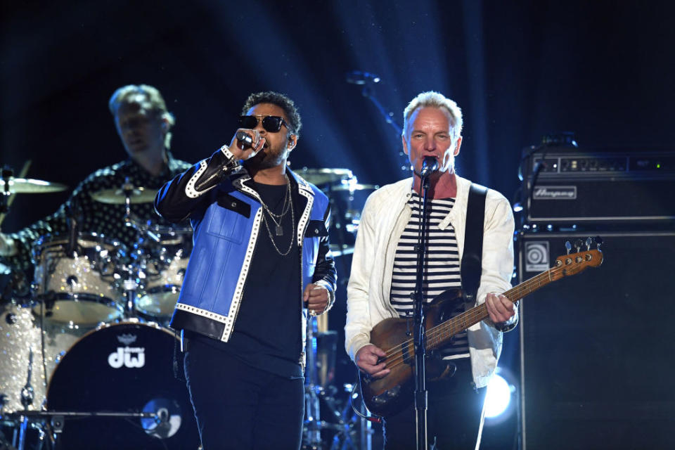 <p>Shaggy (left) and Sting perform onstage during the 60th Annual Grammy Awards at Madison Square Garden on January 28, 2018, in New York City. (Photo: Getty Images) </p>