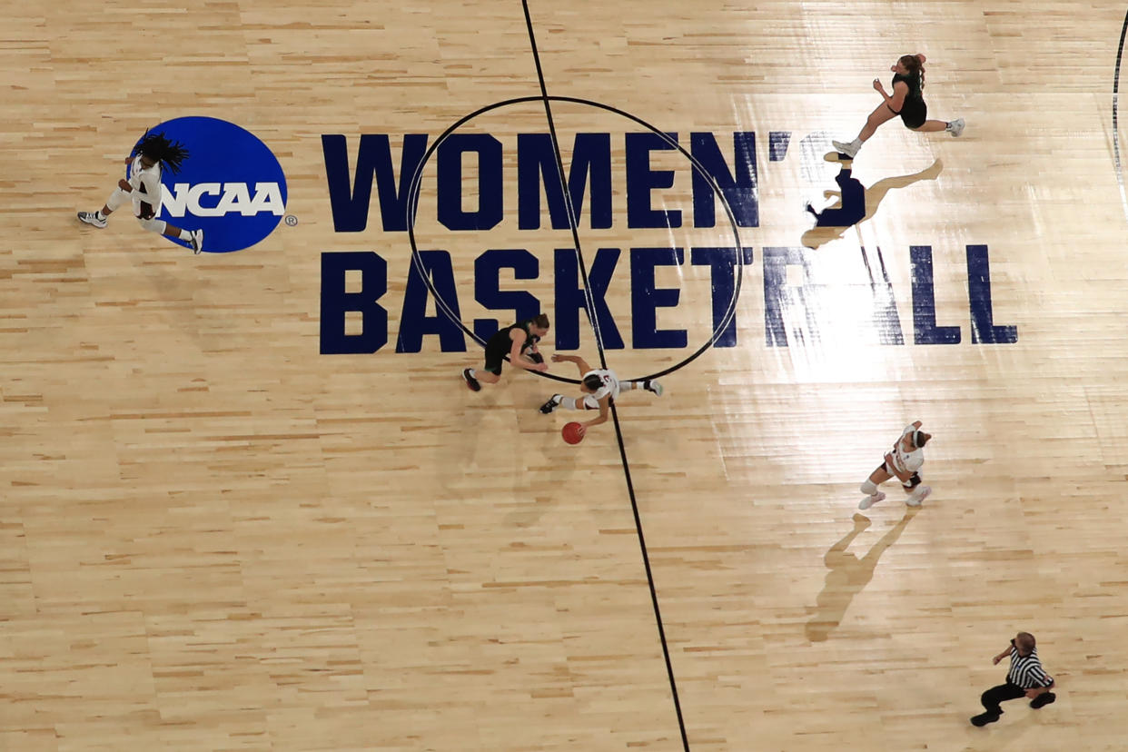 Stanford's Anna Wilson controls the ball against Utah Valley in the first round game of the 2021 NCAA women's basketball tournament on March 21, 2021. (Carmen Mandato/Getty Images)