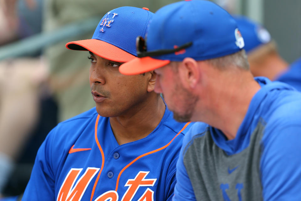 PORT ST. LUCIE, FL - MARCH 08: Manager Luis Rojas #19 of the New York Mets talks with pitching coach Jeremy Hefner #53 during a spring training baseball game against the Houston Astros at Clover Park on March 8, 2020 in Port St. Lucie, Florida. The Mets defeated the Astros 3-1. (Photo by Rich Schultz/Getty Images)