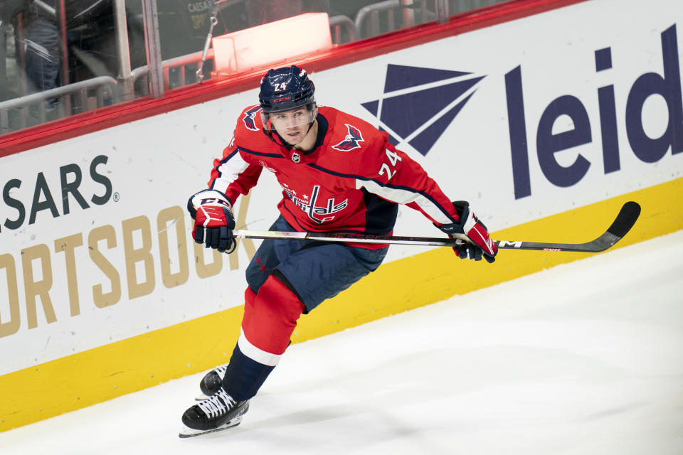 Washington Capitals center Connor McMichael reacts after scoring an empty-net goal in the third period of an NHL hockey game against the Vegas Golden Knights, Tuesday, Nov. 14, 2023, in Washington. (AP Photo/Stephanie Scarbrough)