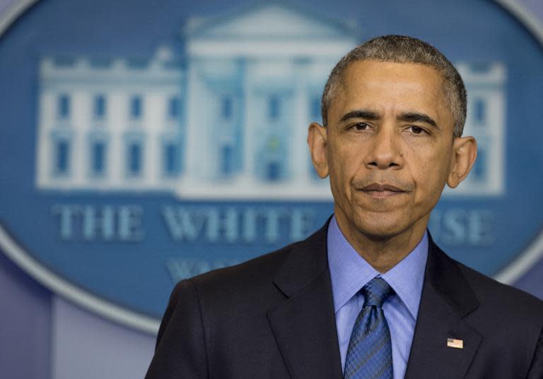 US President Barack Obama speaks about the shooting deaths of nine people at a historic black church in Charleston, South Carolina, from the Brady Press Briefing Room of the White House in Washington, DC, June 18, 2015