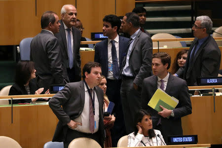 Palestinian Ambassador to the United Nations Riyad Mansour (Top C) stands near U.S. Ambassador Nikki Haley (seated bottom) during a vote on the adoption of a draft resolution by the United Nations General Assembly to deplore the use of excessive force by Israeli troops against Palestinian civilians at U.N. headquarters in New York, U.S., June 13, 2018. REUTERS/Mike Segar