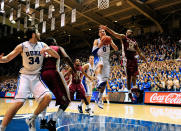 DURHAM, NC - JANUARY 21: Austin Rivers #0 of the Duke Blue Devils takes a rebound away from Jeff Peterson #12 of the Florida State Seminoles during play at Cameron Indoor Stadium on January 21, 2012 in Durham, North Carolina. (Photo by Grant Halverson/Getty Images)